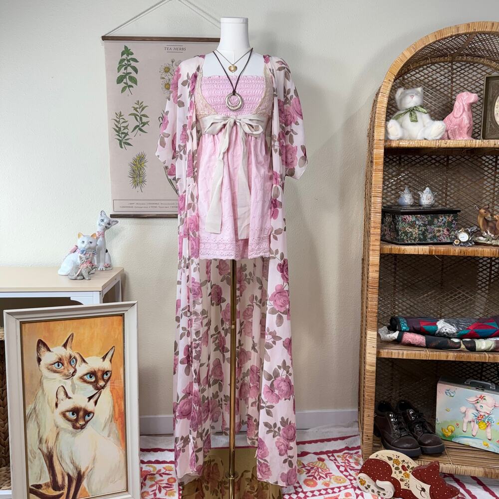 90s Y2k Pink Floral Maxi Duster Dollette Coquette Romantic Femme Garden Party 2X